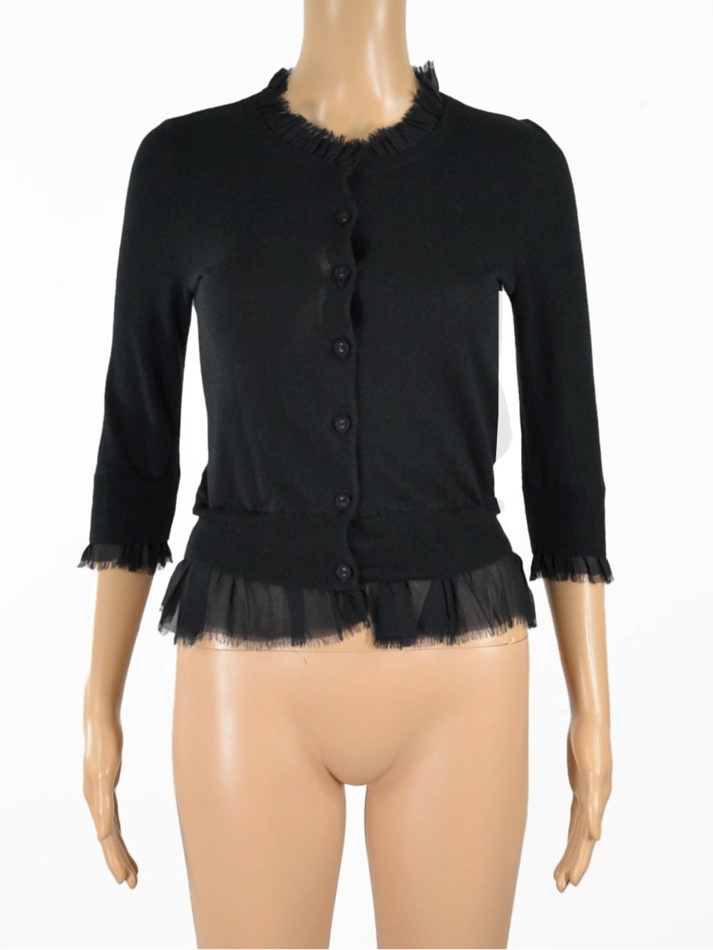 Juicy Couture Black Silk Wool Cotton Ruffle Hem Cardigan Sweater